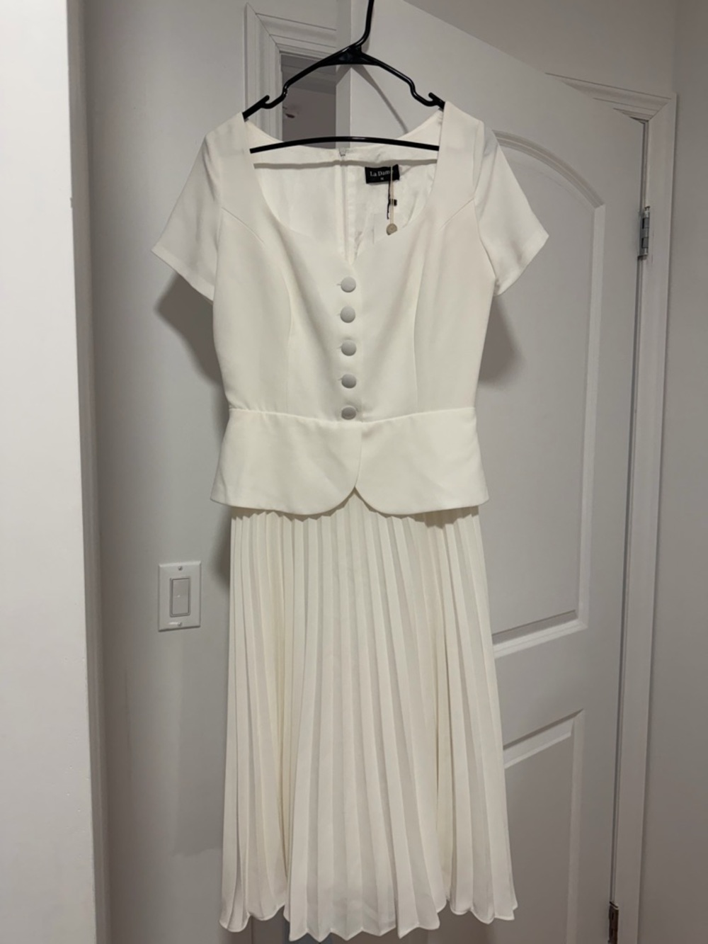 White Pleated Maxi Dress with Button-Front Bodice